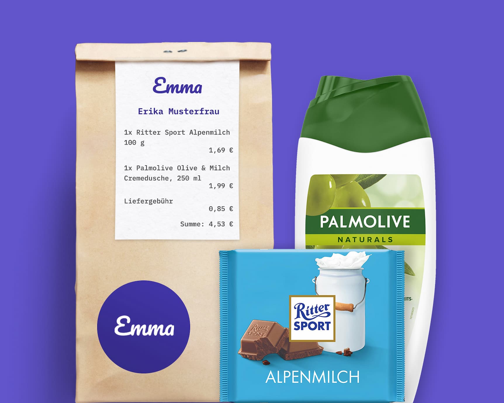 Abbildung einer gepackten Bewohnertüte mit einem Palmolive Duschgel und einer Ritter Sport Schokolade
