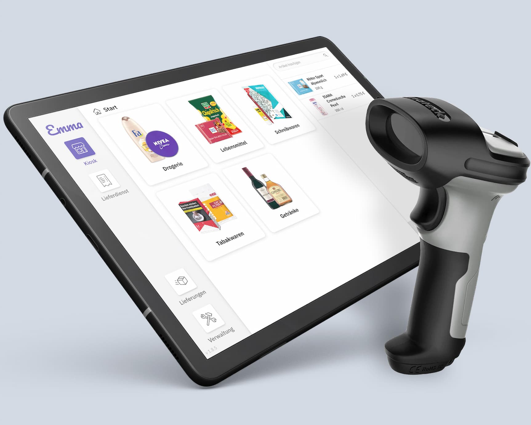 Abbildung unseres Tablets mit Scanner und der Emma Anwendung